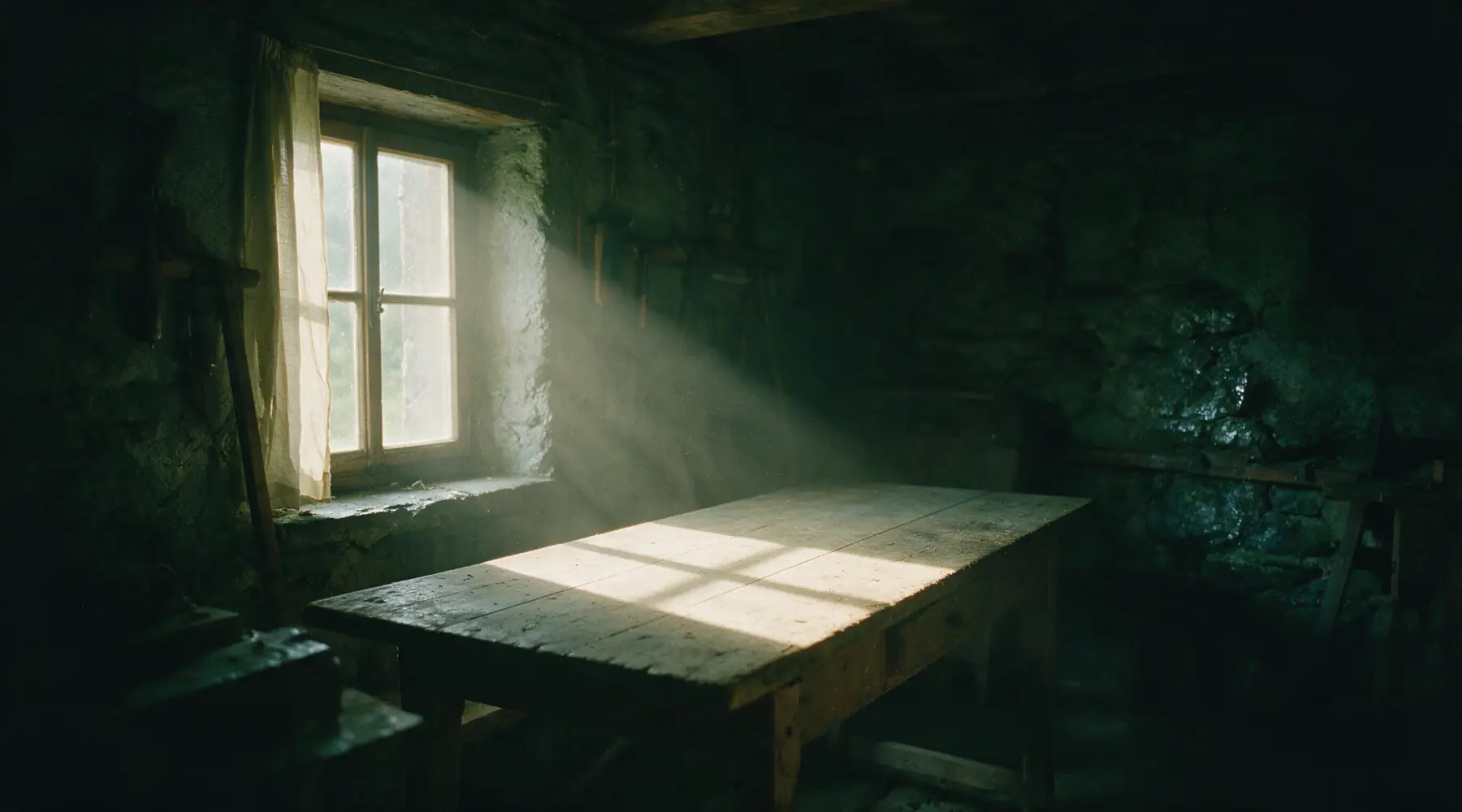 Werkstatt im Morgenlicht, ein leerer Tisch unter dem Fenster
